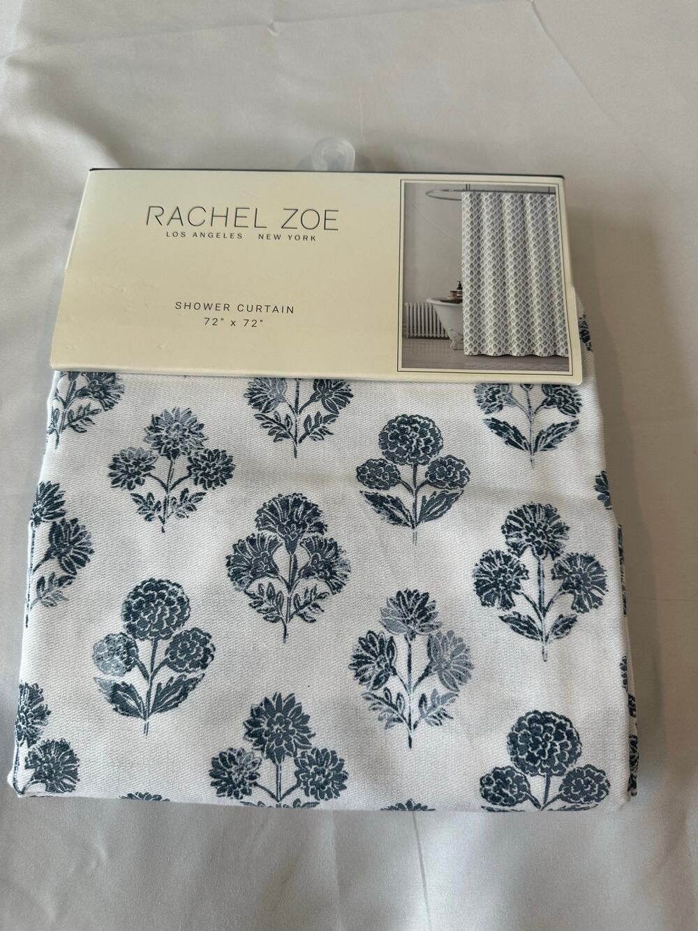 Rachel Zoe Shower Curtain Blue Floral Block Print Cottagecore Farmhouse 72x72